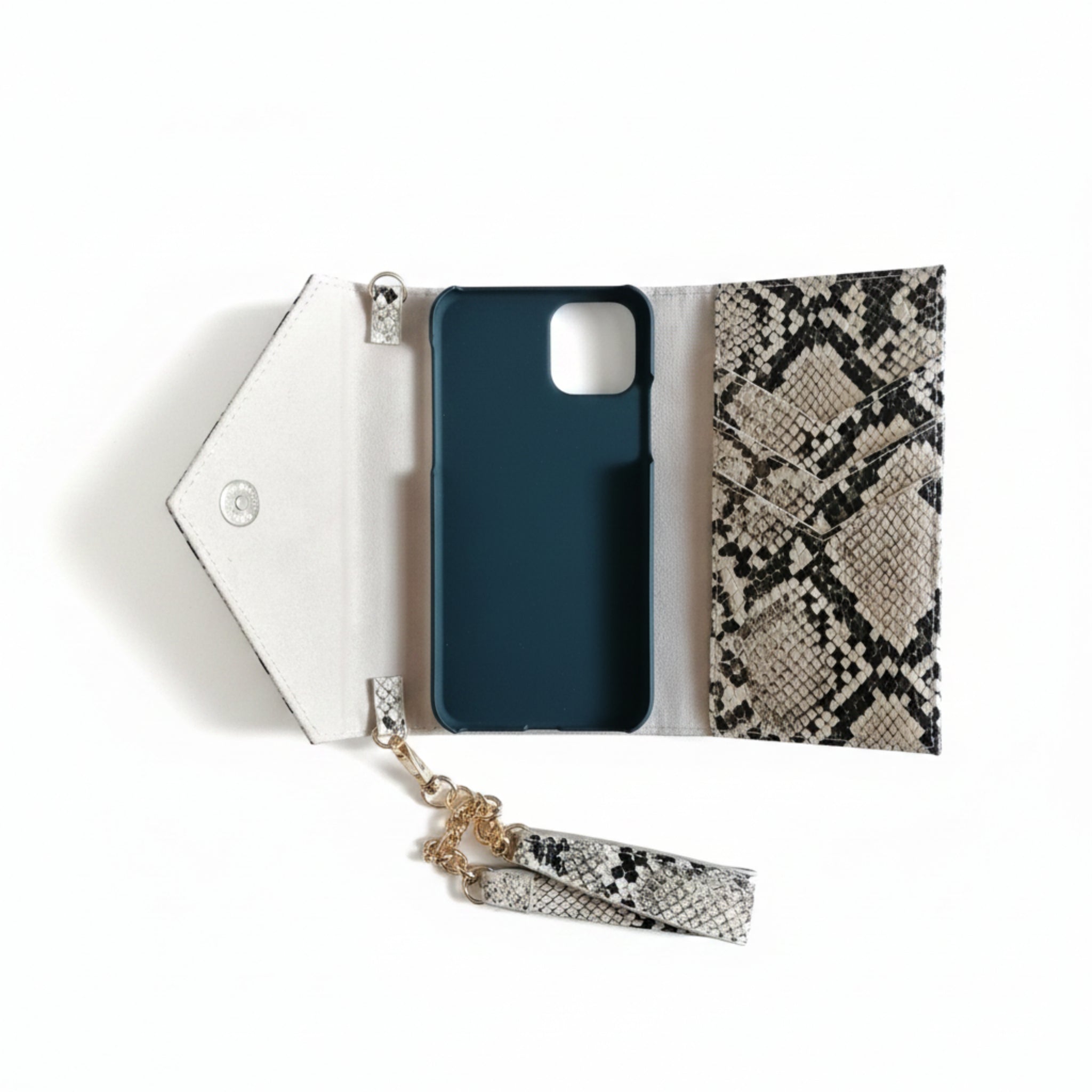 1. Etui na telefon w biało-czarny wężowy wzór, stylowe i eleganckie, z miejscem na karty.